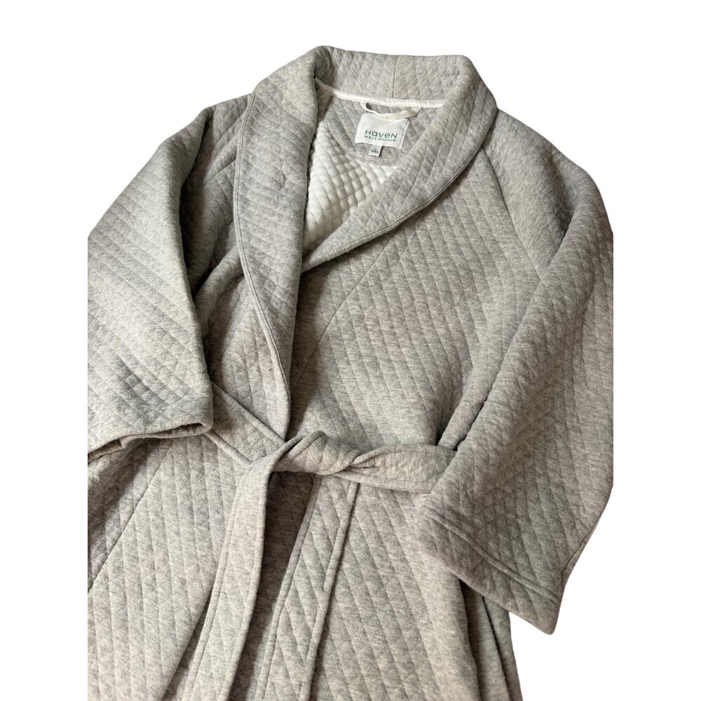Haven Well Within Quilted Knit Robe Medium Gray Shawl Collar Tie Waist Cotton
